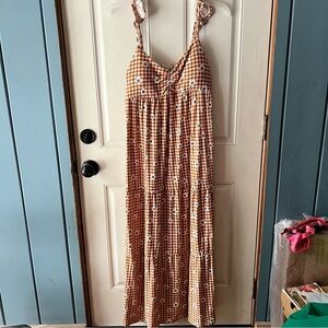 Derek Heart Brown Gingham Floral Tiered Maxi Dress adjustable straps size L